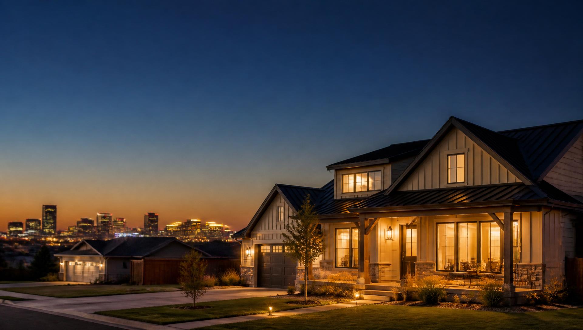 Warm, glowing Amarillo home at dusk with the city skyline in the distance.