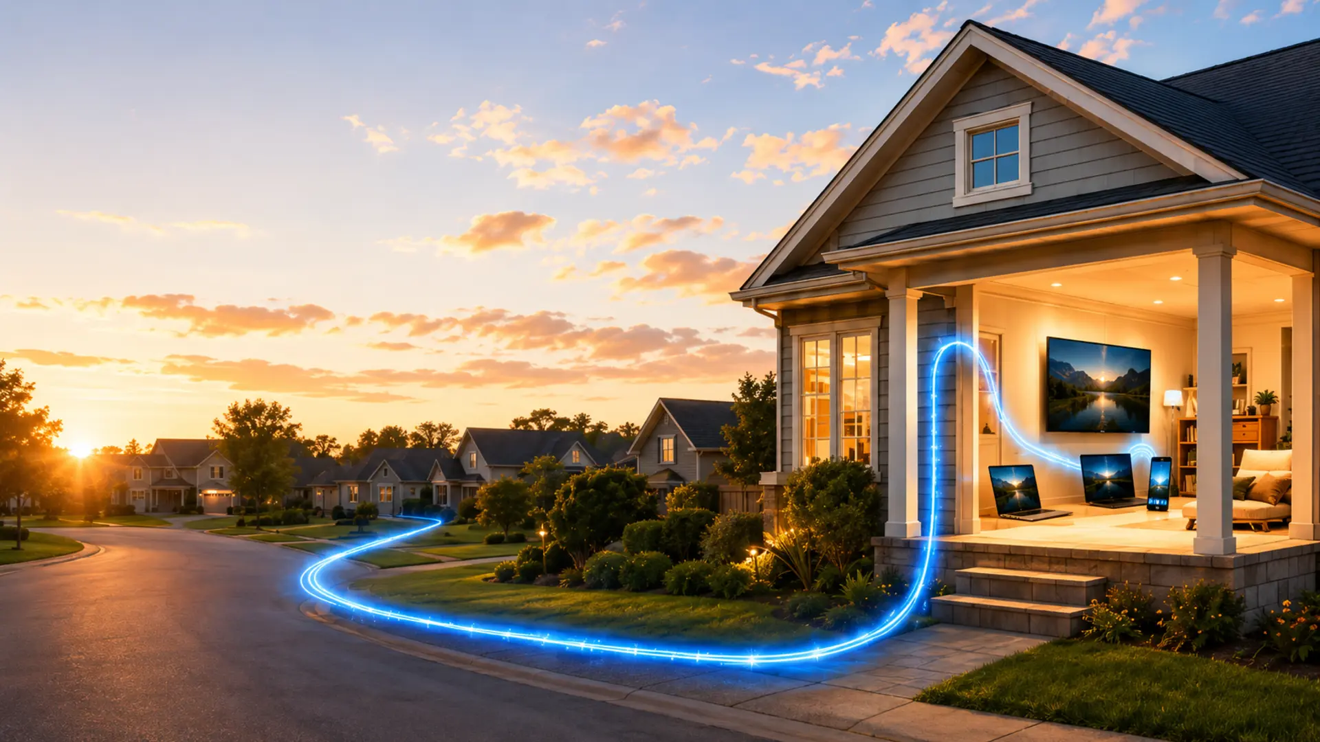 Fiber internet connection glowing into a welcoming Amarillo home.